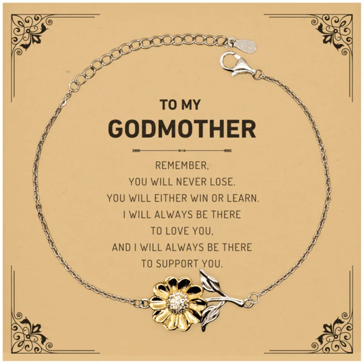 Godmother Gifts, To My Godmother Remember, you will never lose. You will either WIN or LEARN, Keepsake Sunflower Bracelet For Godmother Card, Birthday Christmas Gifts Ideas For Godmother X-mas Gifts