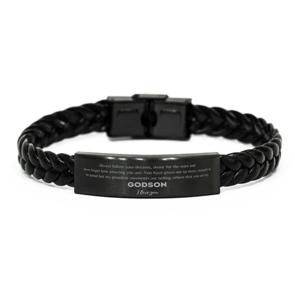 Godson Braided Leather Engraved Bracelet - Always Follow your Dreams - Birthday, Christmas Holiday Jewelry Gift