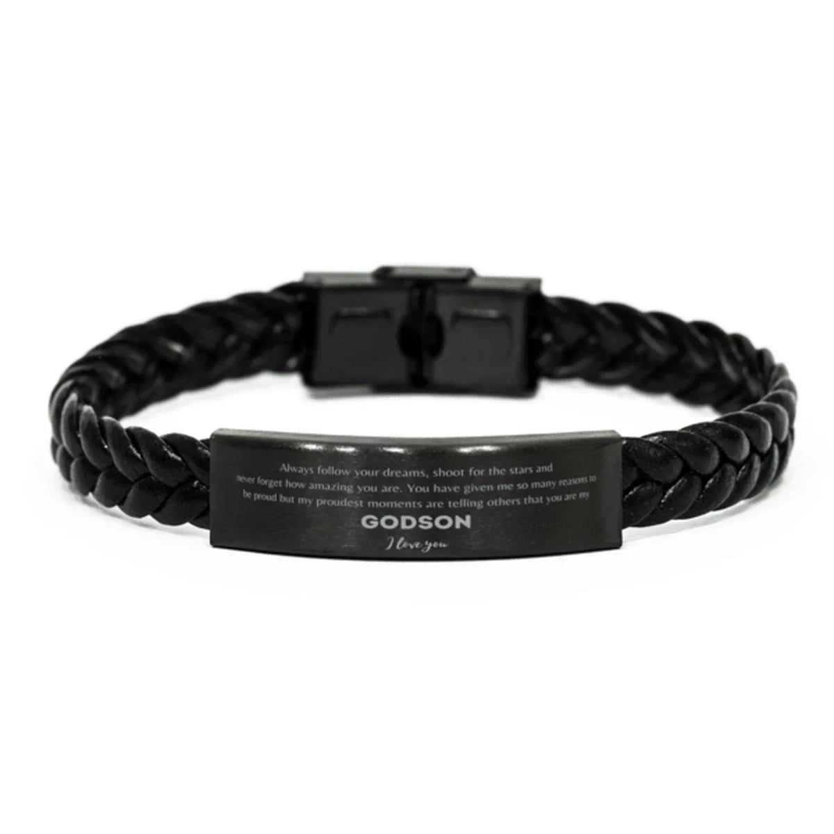 Godson Braided Leather Engraved Bracelet - Always Follow your Dreams - Birthday, Christmas Holiday Jewelry Gift