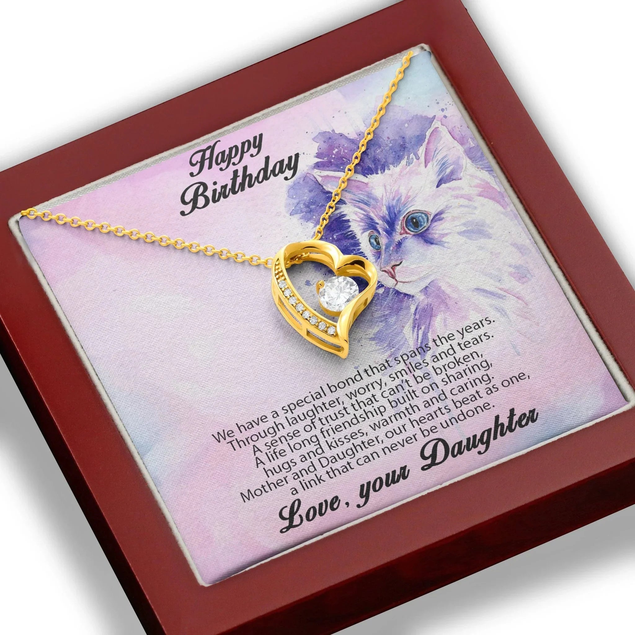 Birthday Gift for Mother Forever Love Heart Pendant Necklace From Daughter Cat Message Card