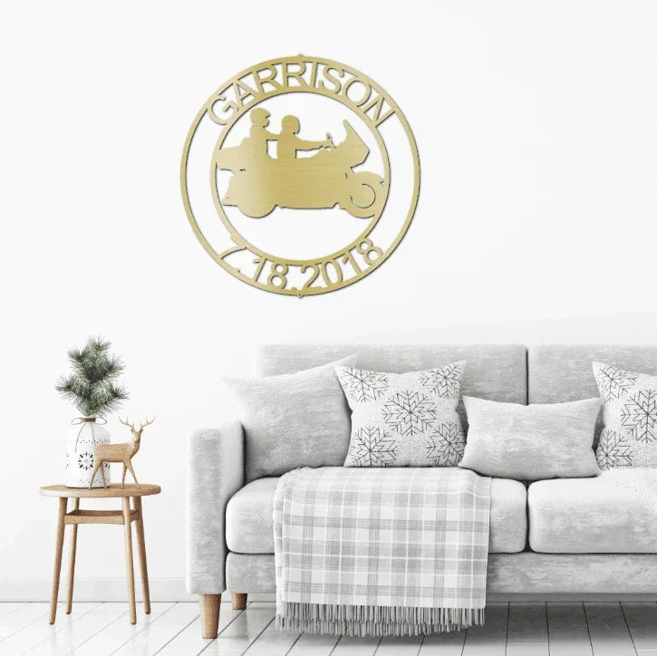 Motorcycle Couple Cruising Custom Name Metal Art Wall Sign