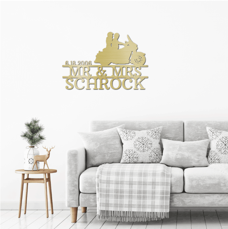 Motorcycle Cruising Couple Custom Mr & Mrs Metal Art Wall Sign - Mallard Moon Gift Shop