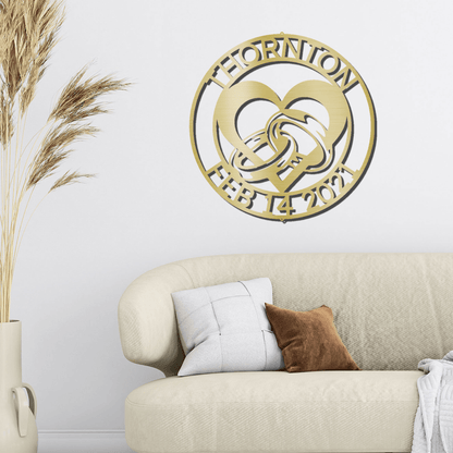 Engagement Wedding Rings and Heart Custom Name Metal Art Wall Sign - Mallard Moon Gift Shop