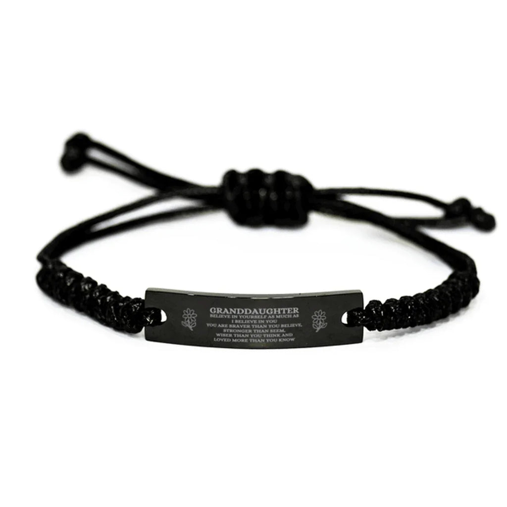 Granddaughter Engraved Black Rope Bracelet, Motivational Heartfelt Birthday, Christmas Holiday Gifts For Granddaughter, You are Braver than you Believe, Loved More than you Know