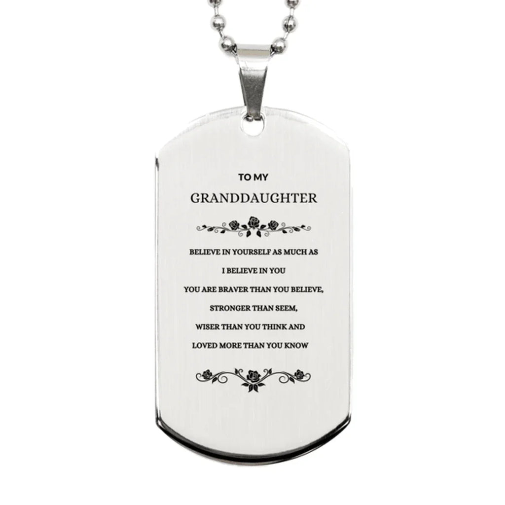 Granddaughter Engraved Silver Dog Tag Necklace, Motivational Heartfelt Birthday, Christmas Holiday Gifts For Granddaughter, You are Braver than you Believe, Loved More than you Know