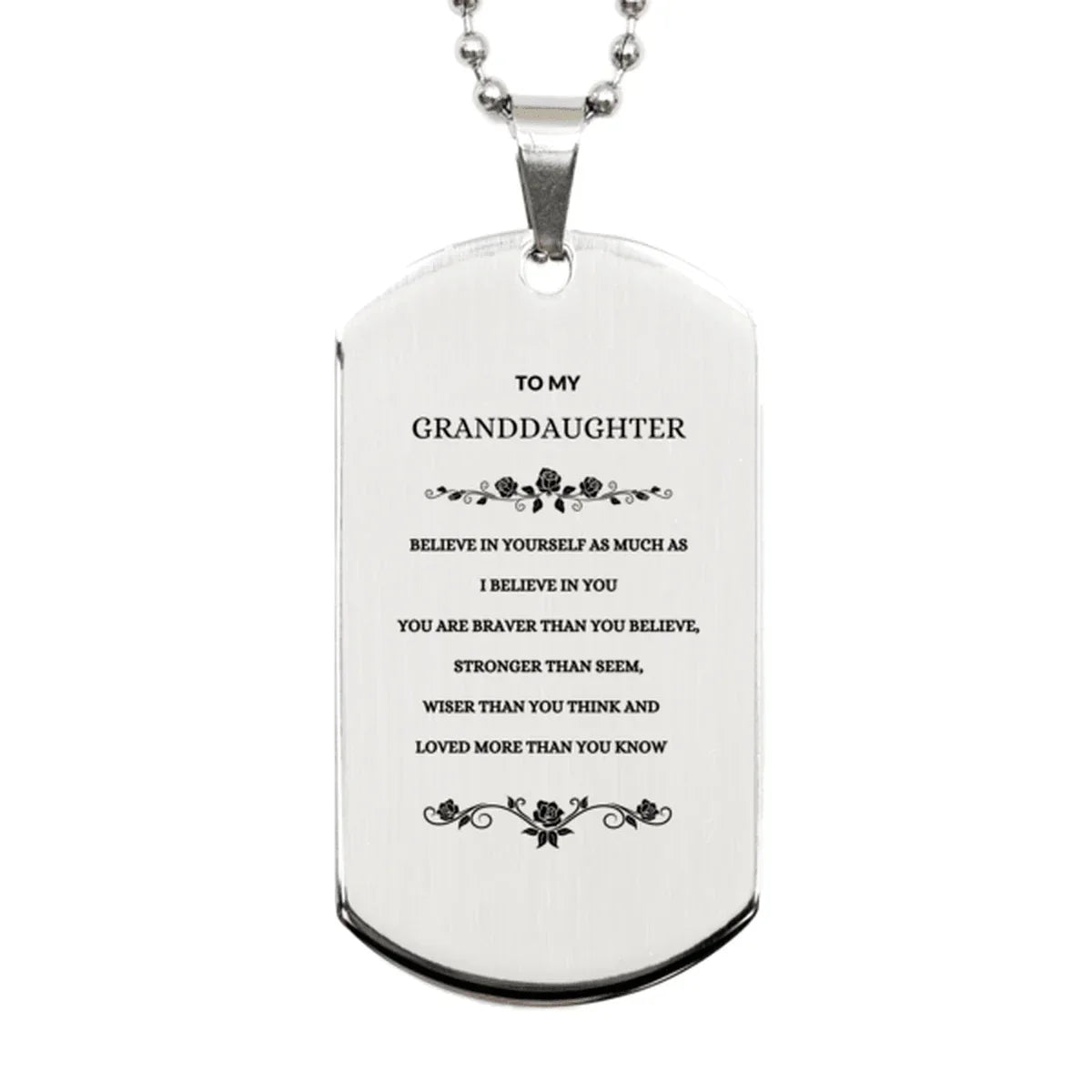 Granddaughter Engraved Silver Dog Tag Necklace, Motivational Heartfelt Birthday, Christmas Holiday Gifts For Granddaughter, You are Braver than you Believe, Loved More than you Know