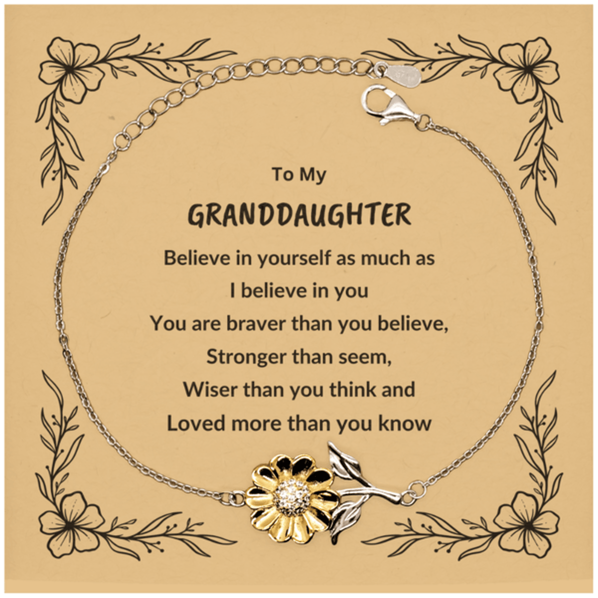 Granddaughter Sunflower Bracelet, Motivational - You are Braver than you Believe, Loved More than you Know - Mallard Moon Gift Shop