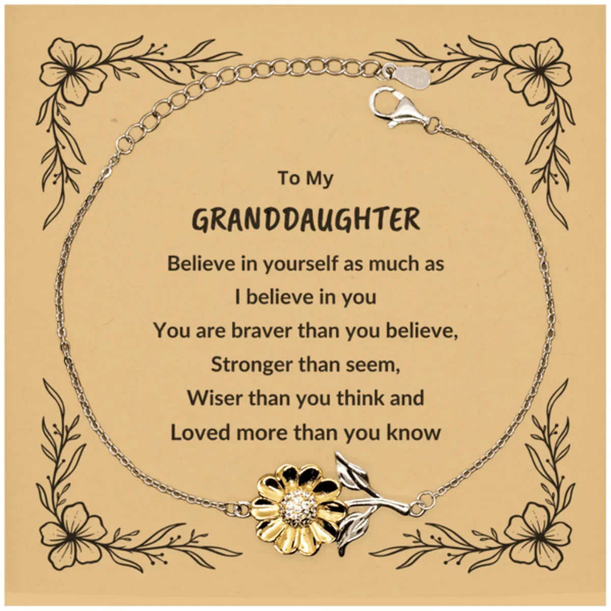 Granddaughter Sunflower Bracelet, Motivational - You are Braver than you Believe, Loved More than you Know