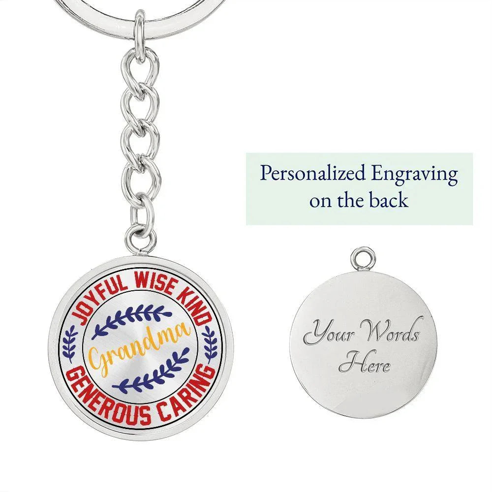 Grandma Engraved Circle Keychain – Joyful, Wise, Kind Grandma Gift, Stainless Steel Keepsake for Mother’s Day, Birthdays & Grandparents