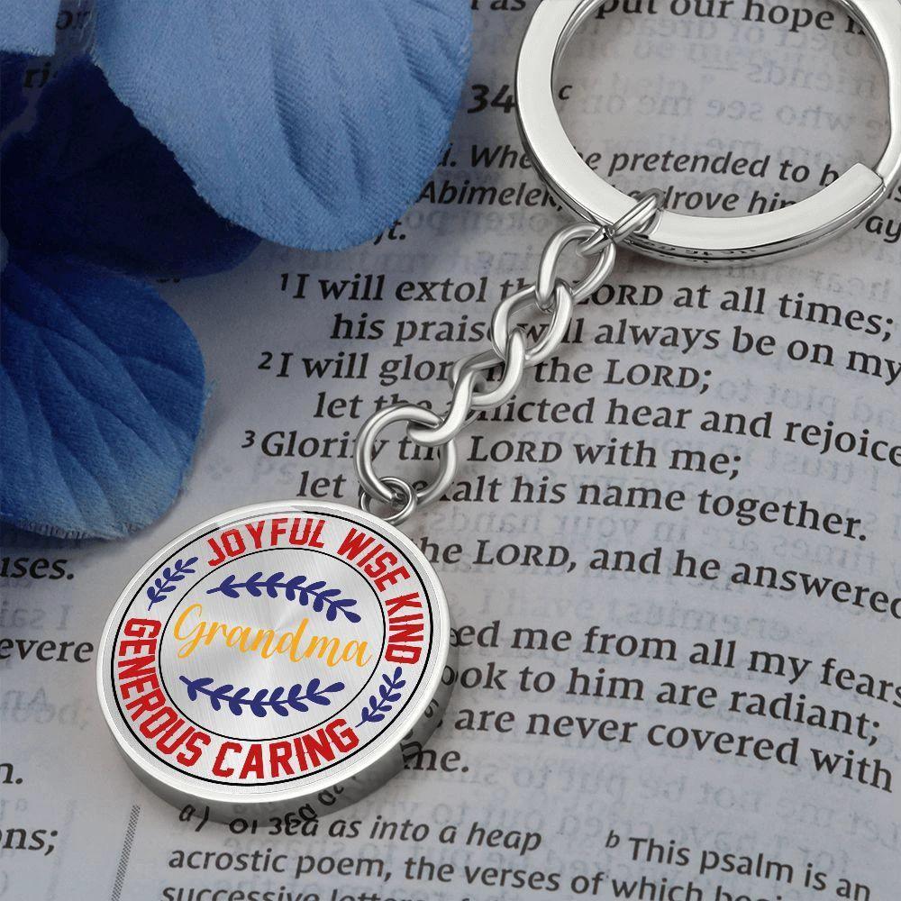 Grandma Engraved Circle Keychain – Joyful, Wise, Kind Grandma Gift, Stainless Steel Keepsake for Mother’s Day, Birthdays & Grandparents