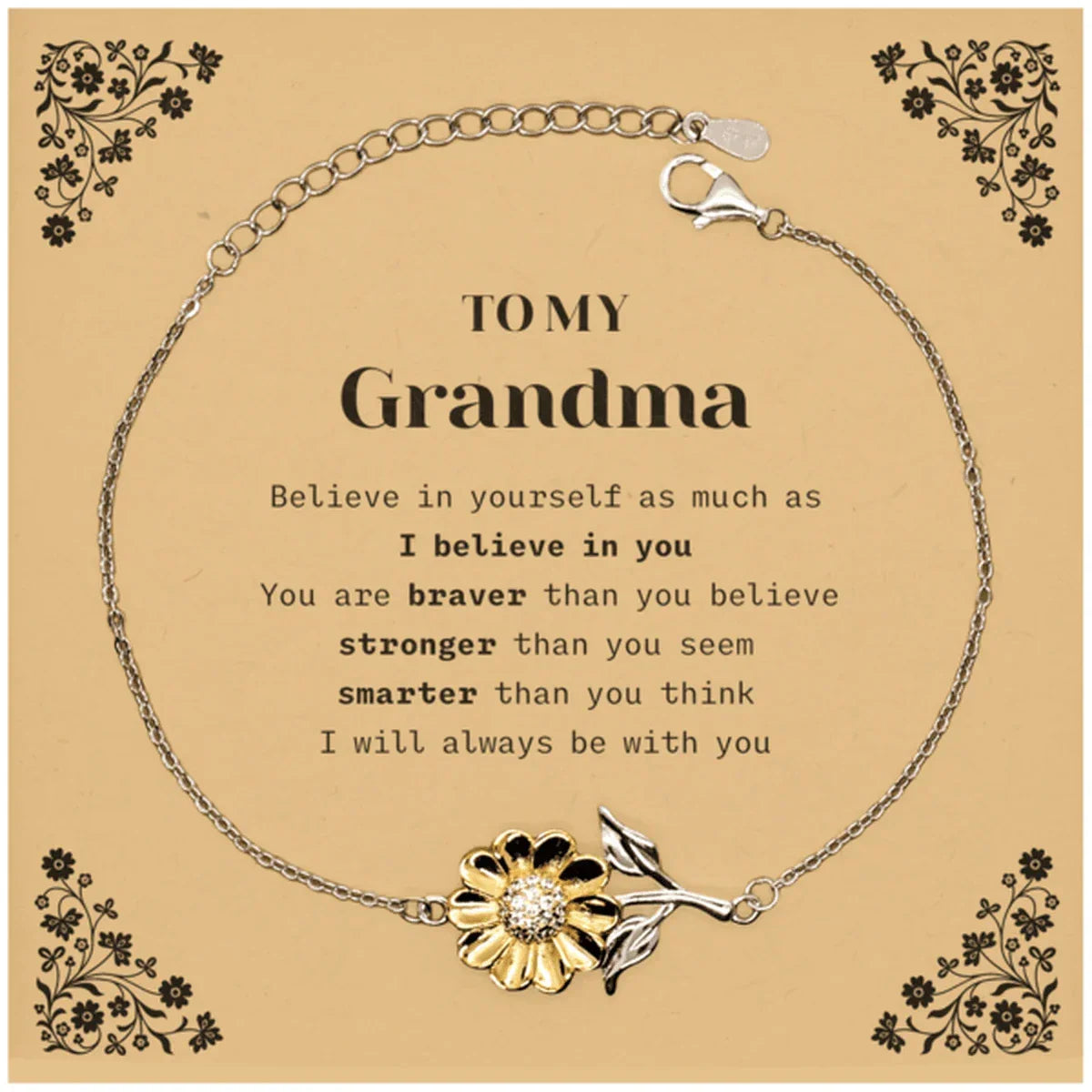 Grandma Sunflower Bracelet Gifts, To My Grandma You are braver than you believe, stronger than you seem, Inspirational Gifts For Grandma Card, Birthday, Christmas Gifts For Grandma Men Women