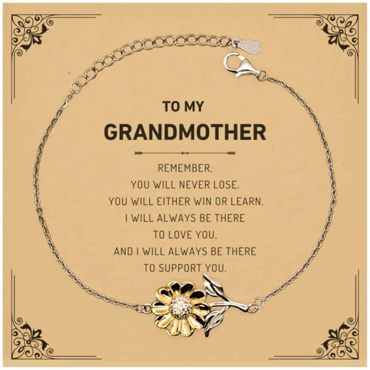 Grandmother Gifts, To My Grandmother Remember, you will never lose. You will either WIN or LEARN, Keepsake Sunflower Bracelet Birthday Christmas Gifts Ideas