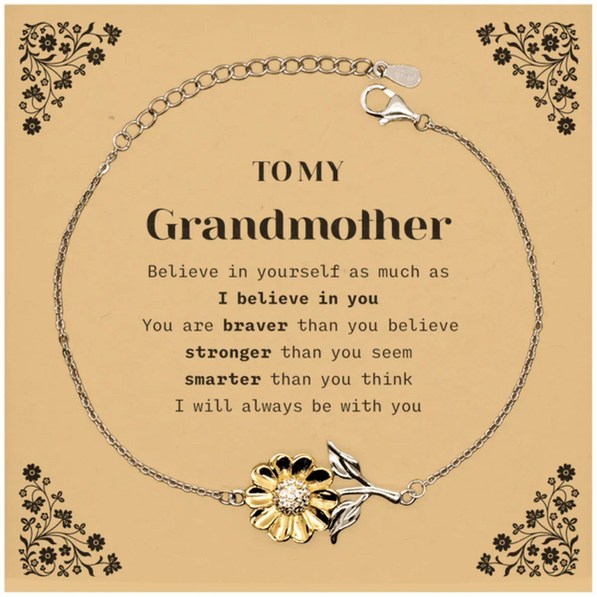 Grandmother Sunflower Bracelet Gifts, To My Grandmother You are braver than you believe, stronger than you seem, Inspirational Gifts For Grandmother Card, Birthday, Christmas Gifts For Grandmother Men Women