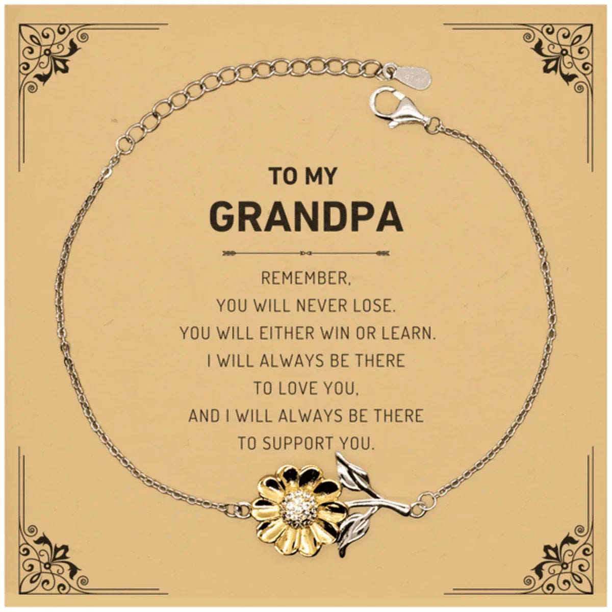 Grandpa Gifts, To My Grandpa Remember, you will never lose. You will either WIN or LEARN, Keepsake Sunflower Bracelet For Grandpa Card, Birthday Christmas Gifts Ideas For Grandpa X-mas Gifts