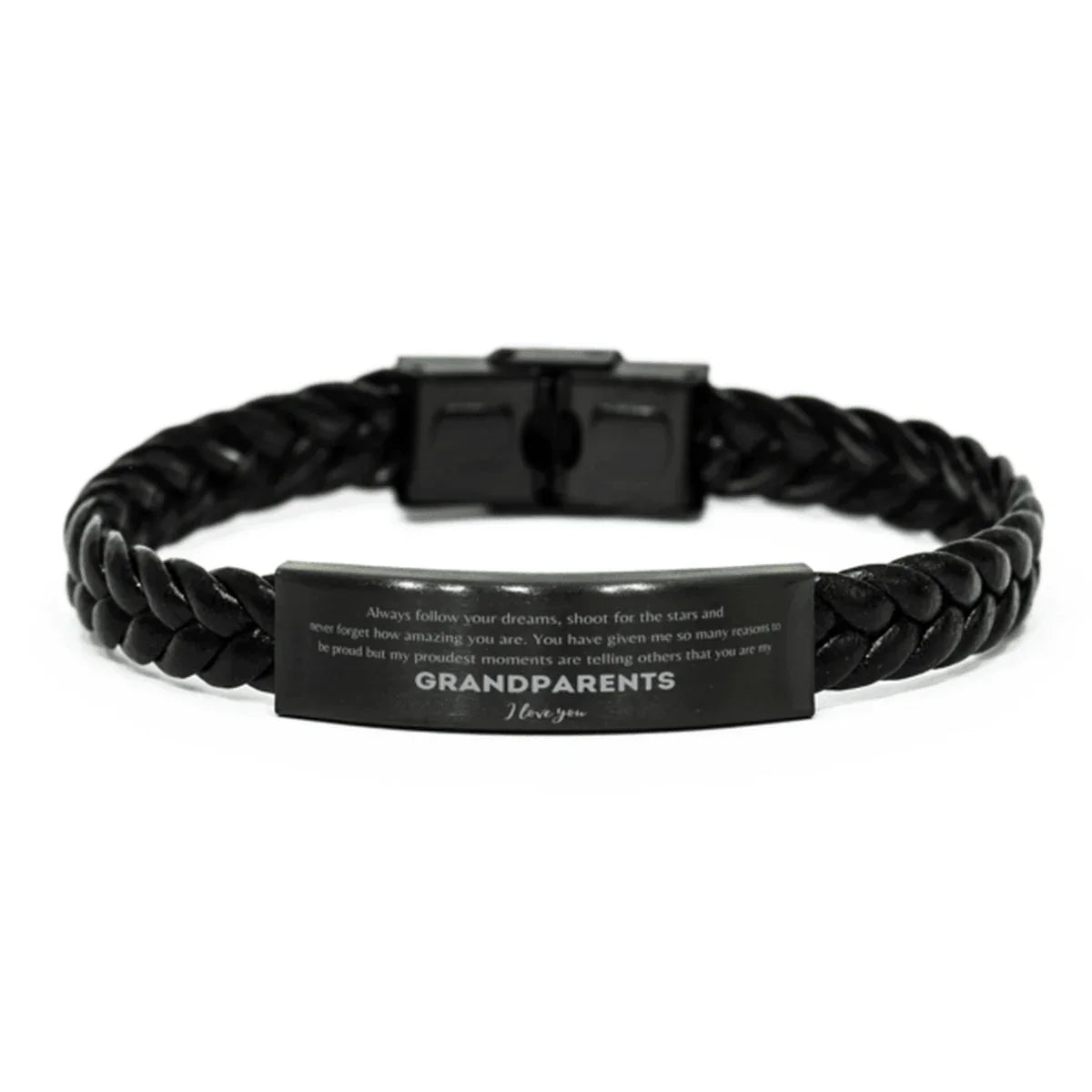 Grandparents Braided Leather Engraved Bracelet - Always Follow your Dreams - Birthday, Christmas Holiday Jewelry Gift