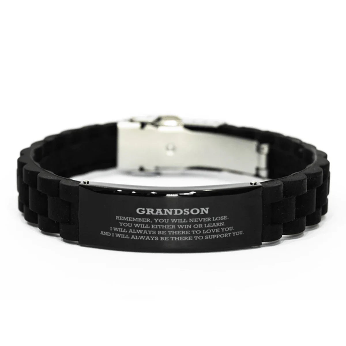 Grandson Black Glide Lock Bracelet, Remember, You Will Never Lose. , Leather Engraved Bracelets for your Grandson, Birthday, or Christmas, Inspirational Gifts Ideas