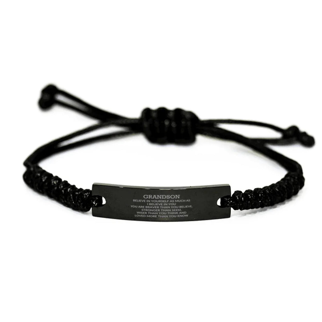 Grandson Engraved Black Rope Bracelet, Motivational Heartfelt Birthday, Christmas Holiday Gifts For Grandson, You are Braver than you Believe, Loved More than you Know