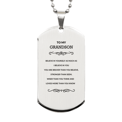 Grandson Engraved Silver Dog Tag Necklace, Motivational Heartfelt Birthday, Christmas Holiday Gifts For Grandson, You are Braver than you Believe, Loved More than you Know - Mallard Moon Gift Shop