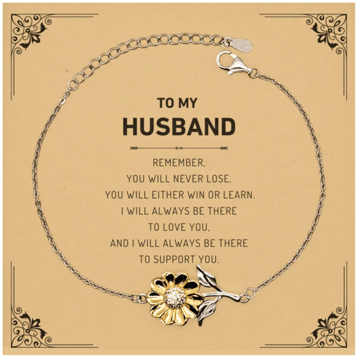 Husband Gifts, To My Husband Remember, you will never lose. You will either WIN or LEARN, Keepsake Sunflower Bracelet For Husband Card, Birthday Christmas Gifts Ideas For Husband X-mas Gifts