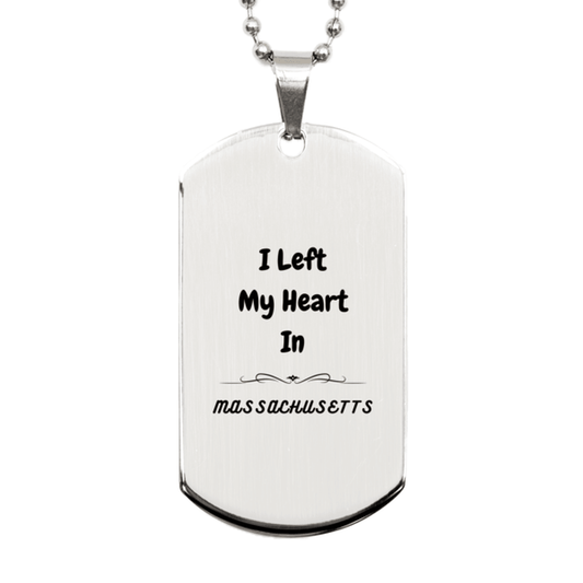 I Left My Heart In Massachusetts Gifts, Meaningful Massachusetts State for Friends, Men, Women. Silver Dog Tag for Massachusetts People - Mallard Moon Gift Shop