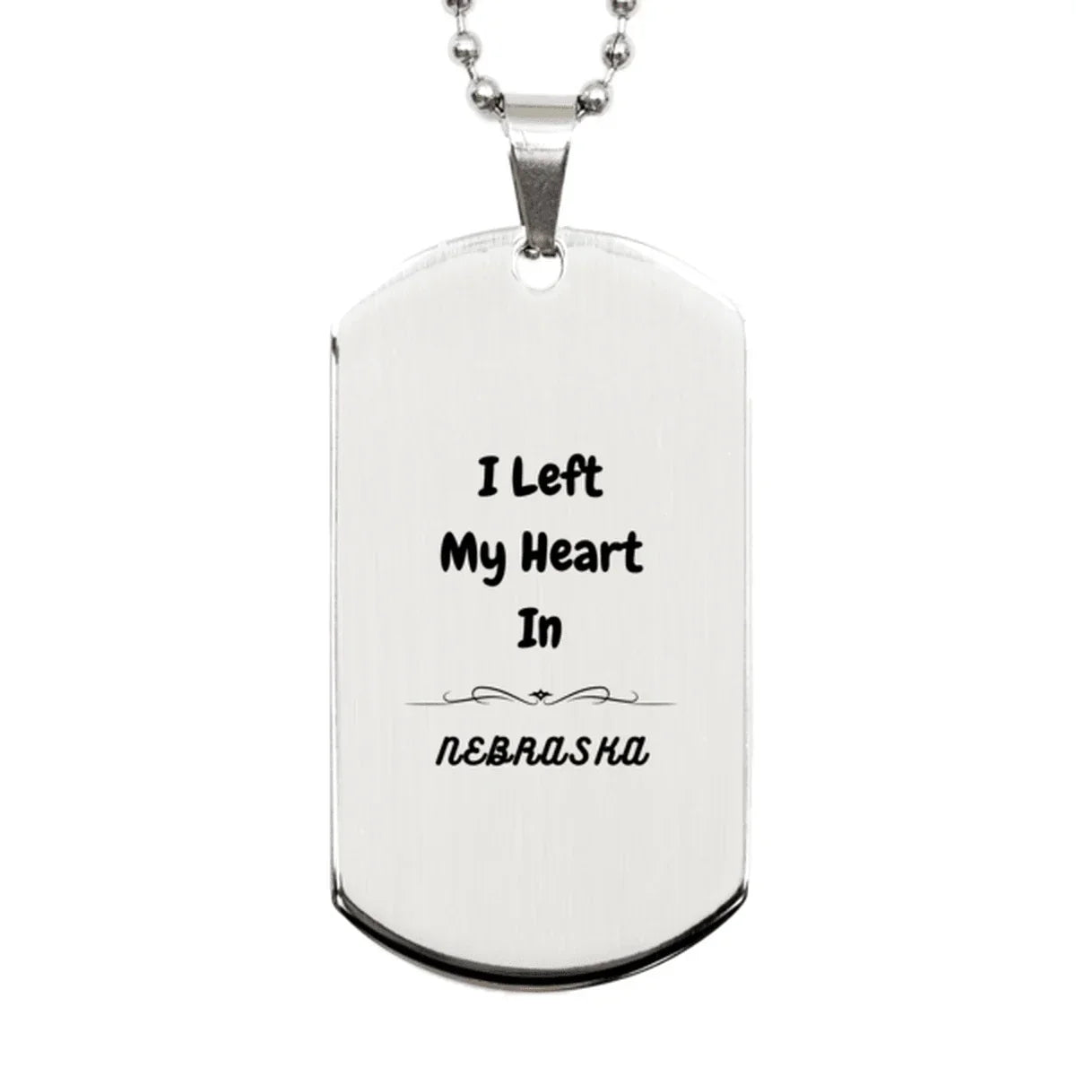 I Left My Heart In Nebraska Gifts, Meaningful Nebraska State for Friends, Men, Women. Silver Dog Tag for Nebraska People