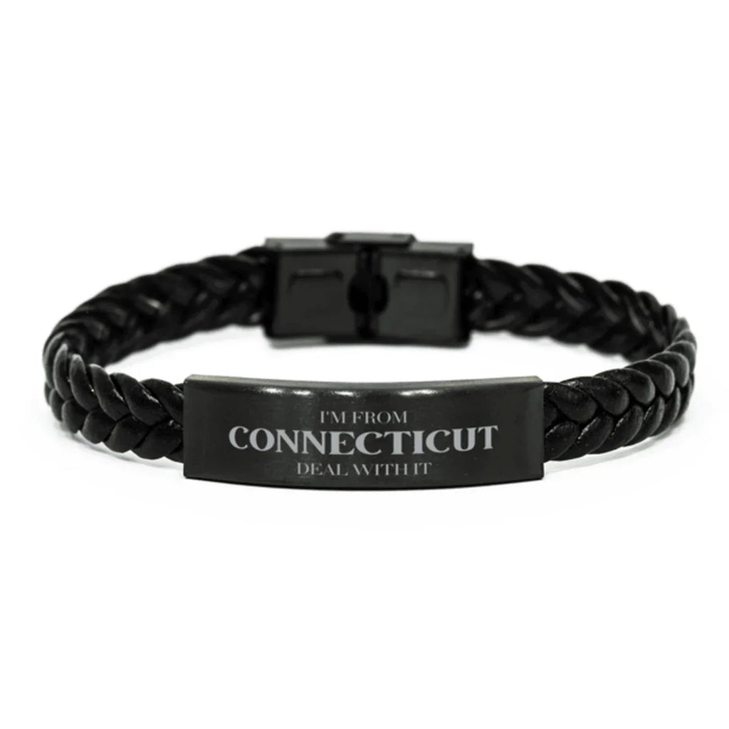 I'm from Connecticut, Deal with it, Proud Connecticut State Braided Leather Bracelet Gift Idea