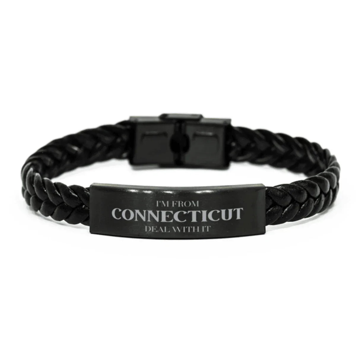 I'm from Connecticut, Deal with it, Proud Connecticut State Braided Leather Bracelet Gift Idea