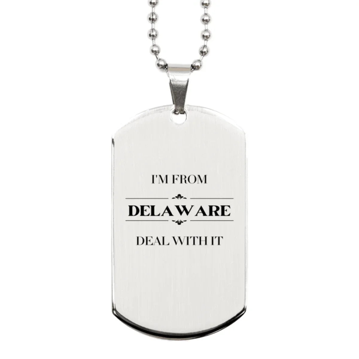 I'm from Delaware, Deal with it, Proud Delaware State Silver Dog Necklace Tag