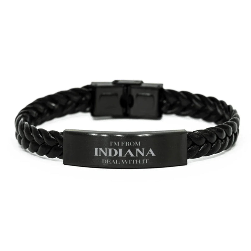 I'm from Indiana, Deal with it, Proud Indiana State Braided Leather Bracelet Gift Idea