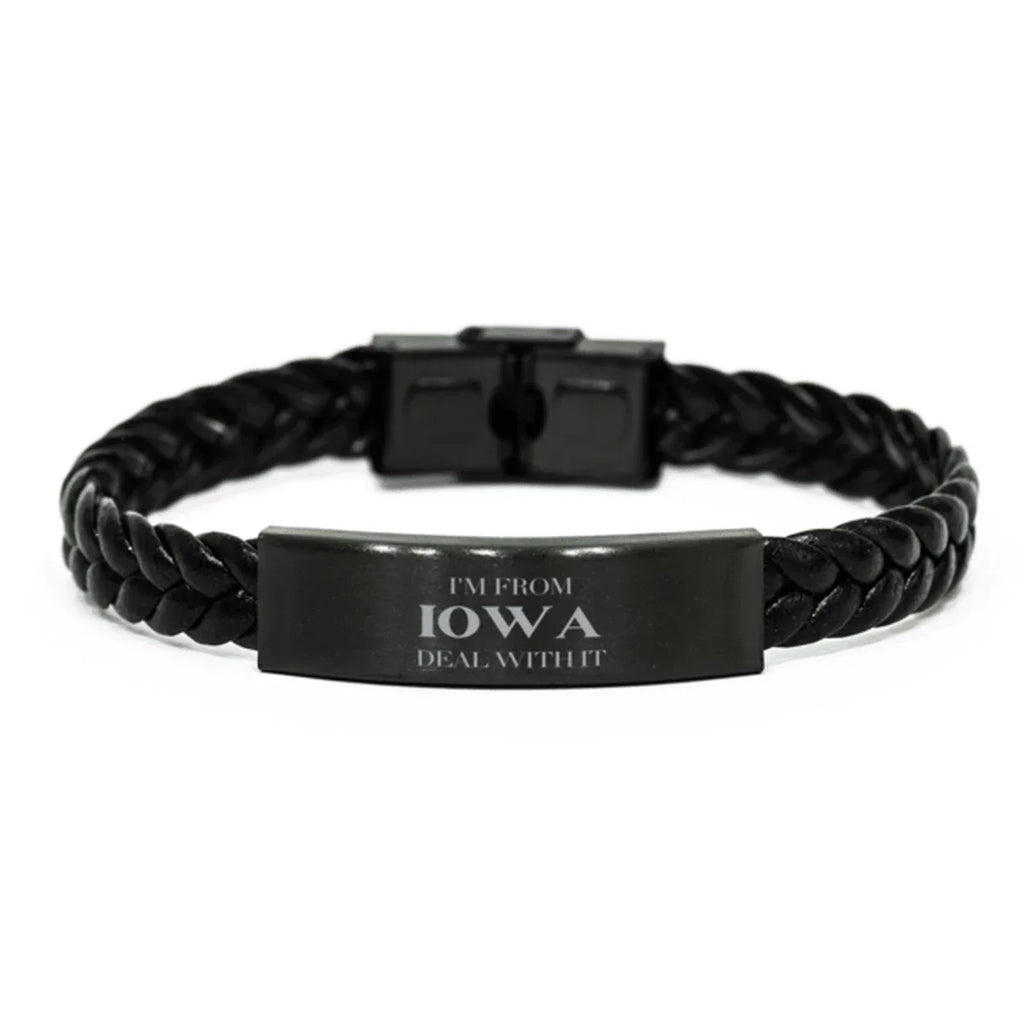 I'm from Iowa, Deal with it, Proud Iowa State Braided Leather Bracelet Gift Idea