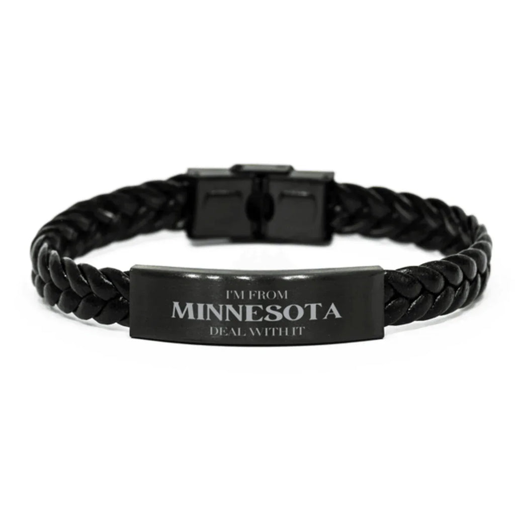 I'm from Minnesota, Deal with it, Proud Minnesota State Braided Leather Bracelet Gift Idea