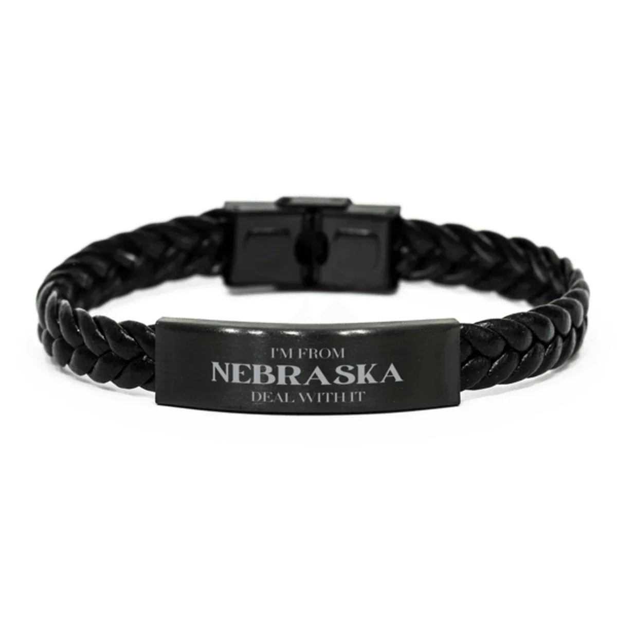I'm from Nebraska, Deal with it, Proud Nebraska State Braided Leather Bracelet Gift Idea