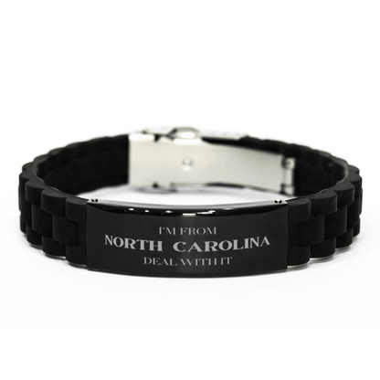 I'm from North Carolina, Deal with it, Proud North Carolina State Gifts, North Carolina Black Glidelock Clasp Bracelet Gift Idea, Christmas Gifts for North Carolina People, Coworkers, Colleague - Mallard Moon Gift Shop