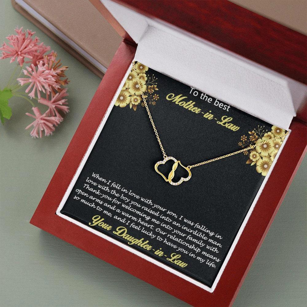 Gift for Mother-in-Law from Daughter-in-Law Gold Heart Pendant Necklace with Real Diamonds Custom Message Card