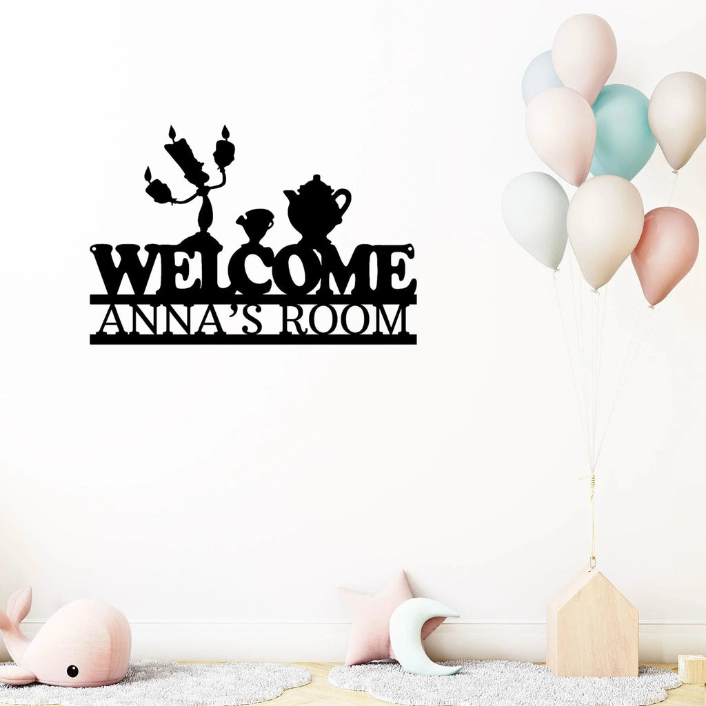 Candlestick and Teacup Beauty and the Beast Characters Welcome Custom Name Metal Art Wall Sign