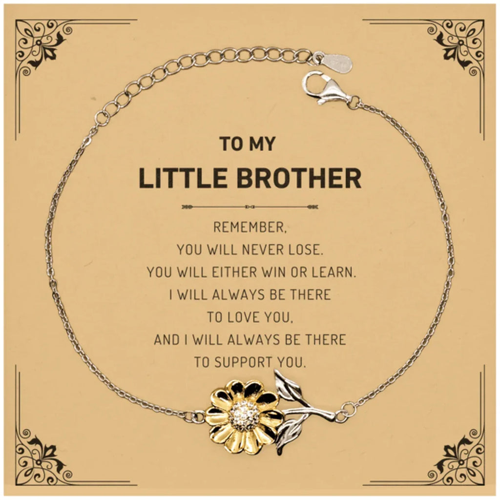 Little Brother Gifts, To My Little Brother Remember, you will never lose. You will either WIN or LEARN, Keepsake Sunflower Bracelet For Little Brother Card, Birthday Christmas Gifts Ideas For Little Brother X-mas Gifts