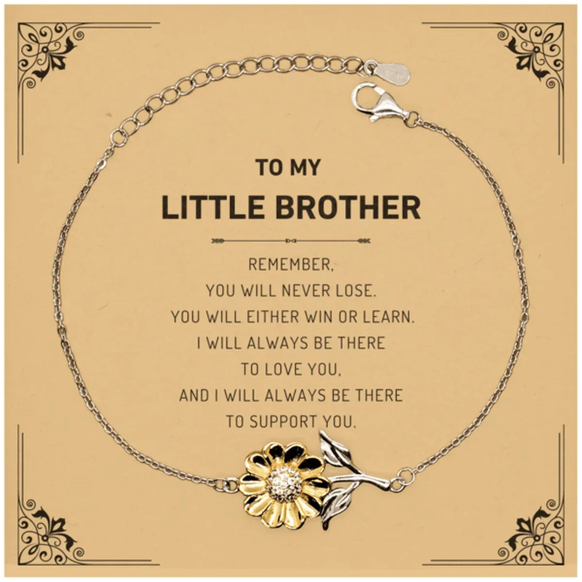 Little Brother Gifts, To My Little Brother Remember, you will never lose. You will either WIN or LEARN, Keepsake Sunflower Bracelet For Little Brother Card, Birthday Christmas Gifts Ideas For Little Brother X-mas Gifts