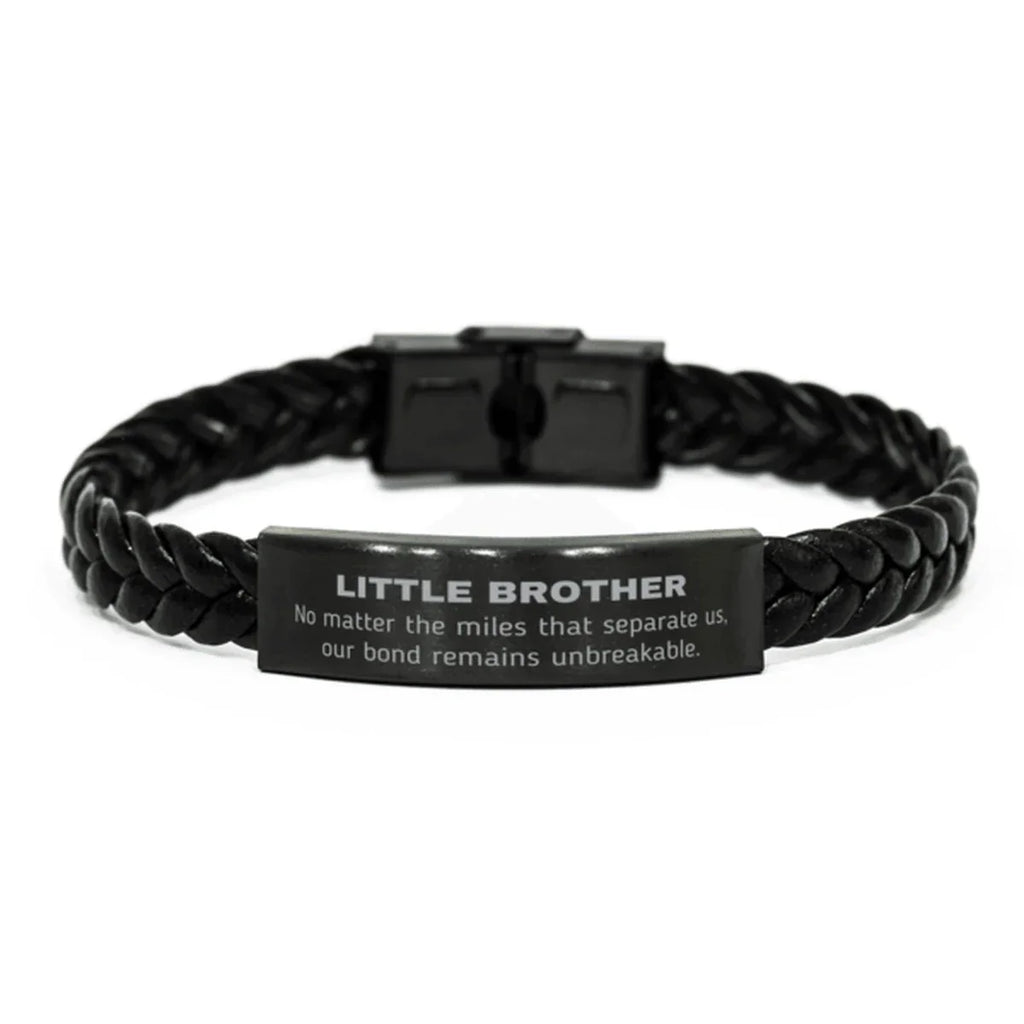 Little Brother Long Distance Relationship Gifts, No matter the miles that separate us, Cute Love Braided Leather Bracelet For Little Brother, Birthday Christmas Unique Gifts For Little Brother