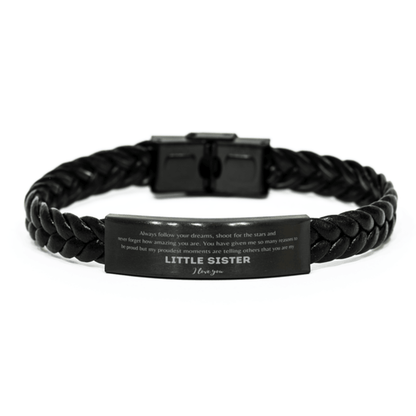 Little Sister Braided Leather Engraved Bracelet f- Always Follow your Dreams - Birthday, Christmas Holiday Jewelry Gift - Mallard Moon Gift Shop