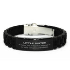 Little Sister Long Distance Relationship Gifts, No matter the miles that separate us, Cute Love Black Glidelock Clasp Bracelet For Little Sister, Birthday Christmas Unique Gifts For Little Sister