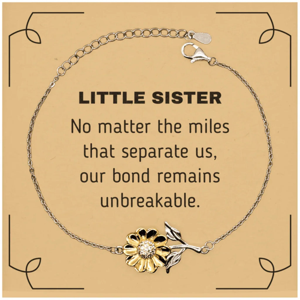 Little Sister Long Distance Relationship Gifts, No matter the miles that separate us, Cute Love Sunflower Bracelet For Little Sister, Birthday Christmas Unique Gifts For Little Sister