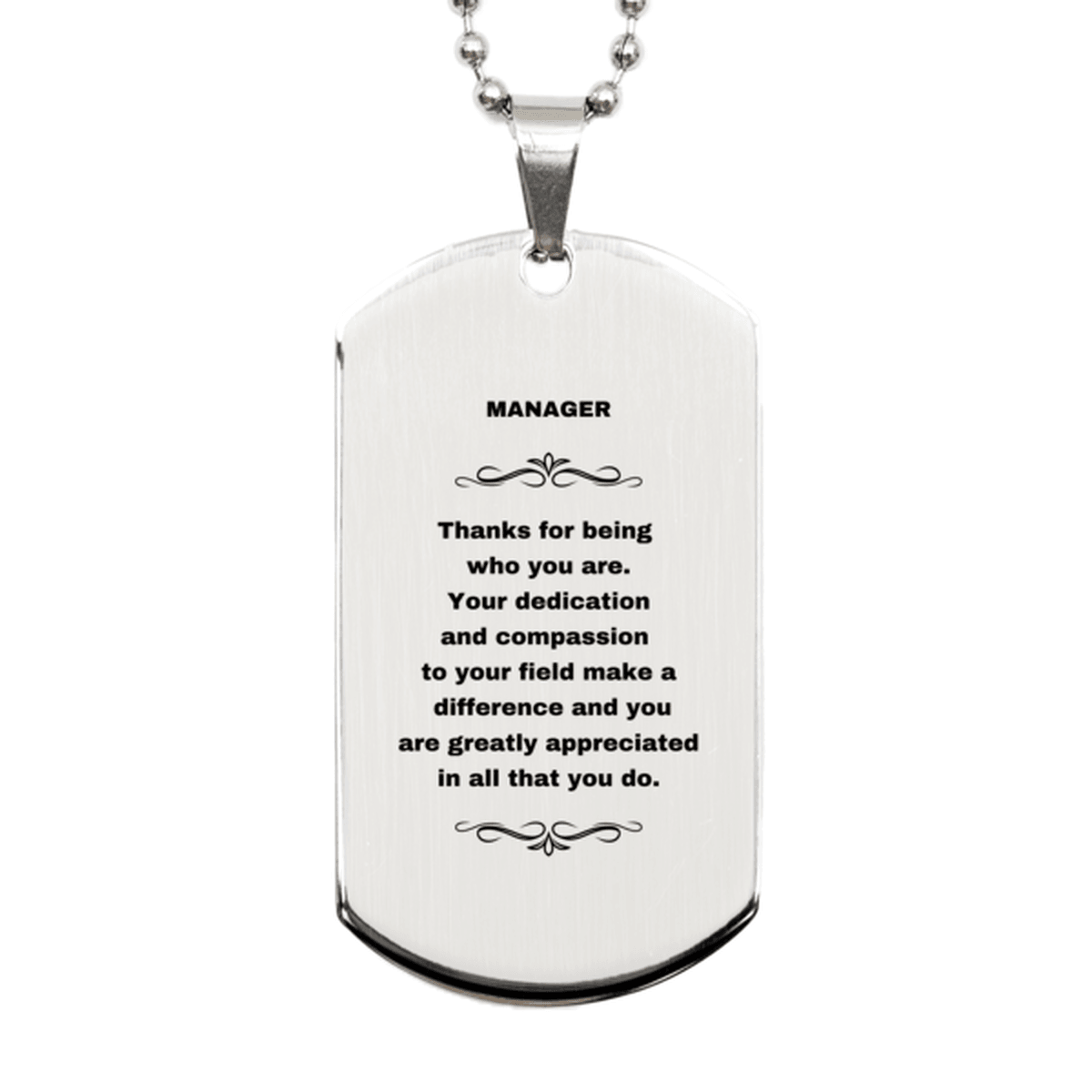 Manager Silver Dog Tag Necklace - Thanks for being who you are - Birthday Christmas Jewelry Gifts Coworkers Colleague Boss - Mallard Moon Gift Shop