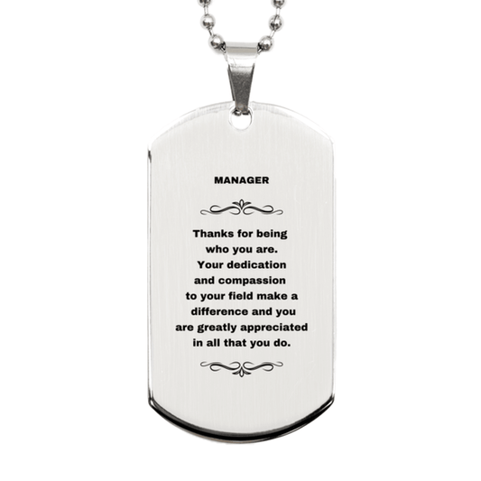Manager Silver Dog Tag Necklace - Thanks for being who you are - Birthday Christmas Jewelry Gifts Coworkers Colleague Boss - Mallard Moon Gift Shop