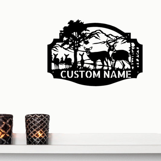 Deer Family Custom Name Metal Art Wall Sign Housewarming Wedding Anniversary Birthday - Mallard Moon Gift Shop