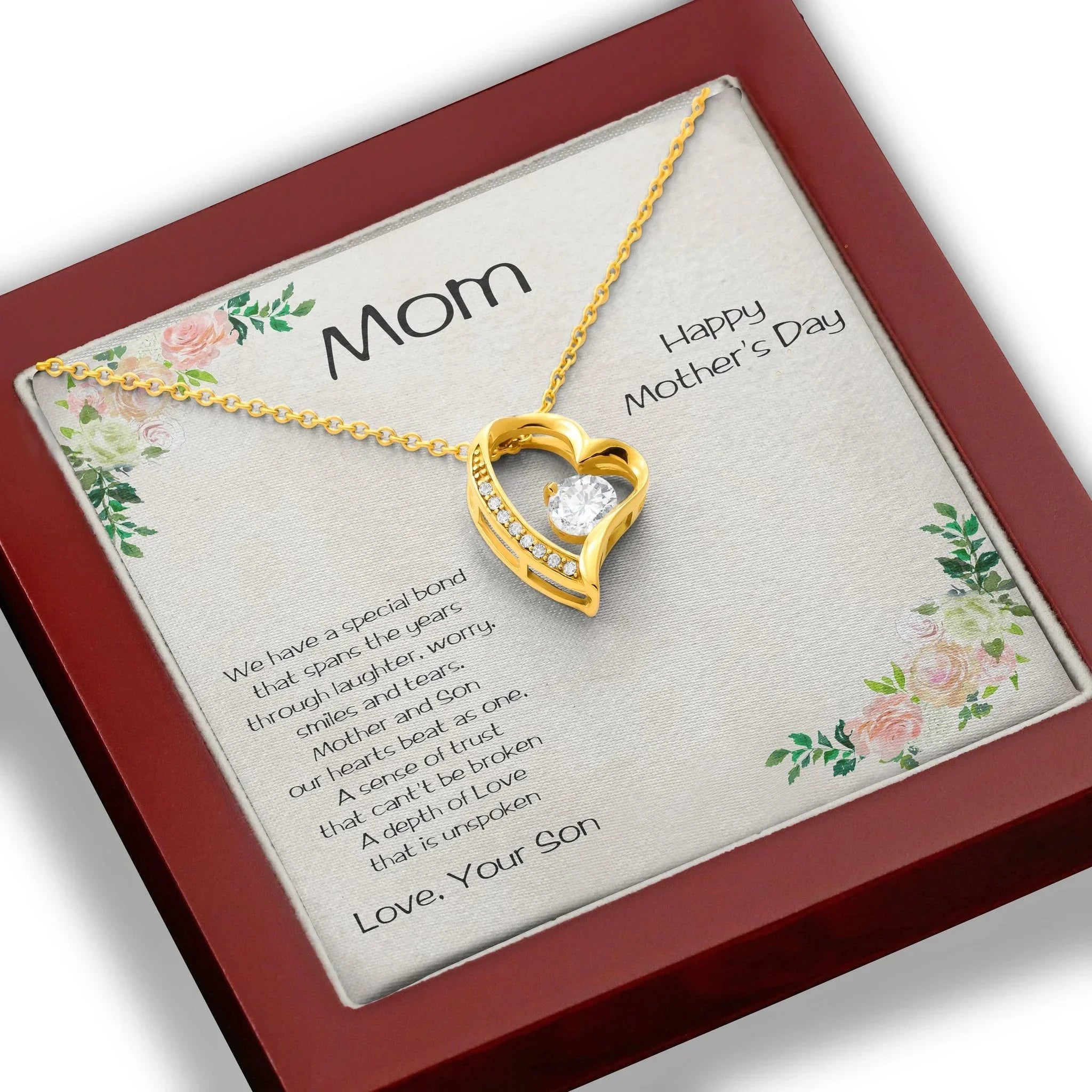 Gift for Mother from Son Forever Love Heart Necklace Vintage Rose Message Card