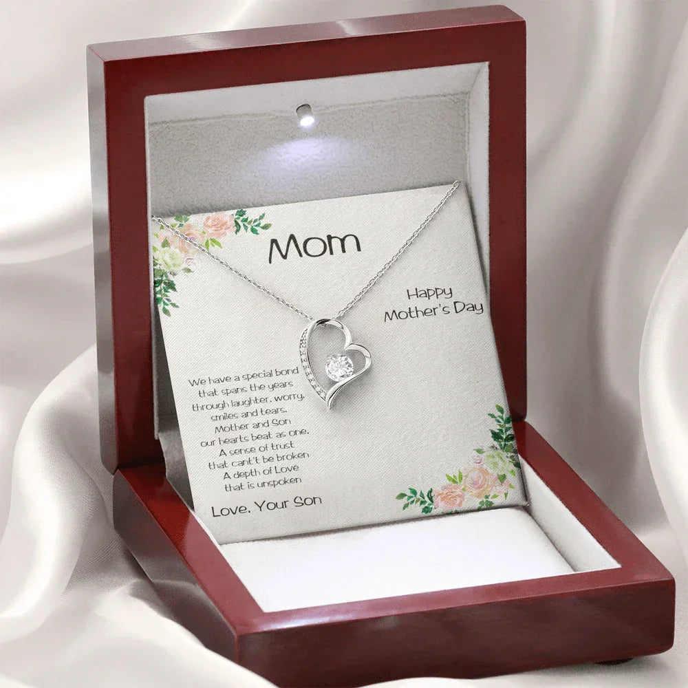 Gift for Mother from Son Forever Love Heart Necklace Vintage Rose Message Card