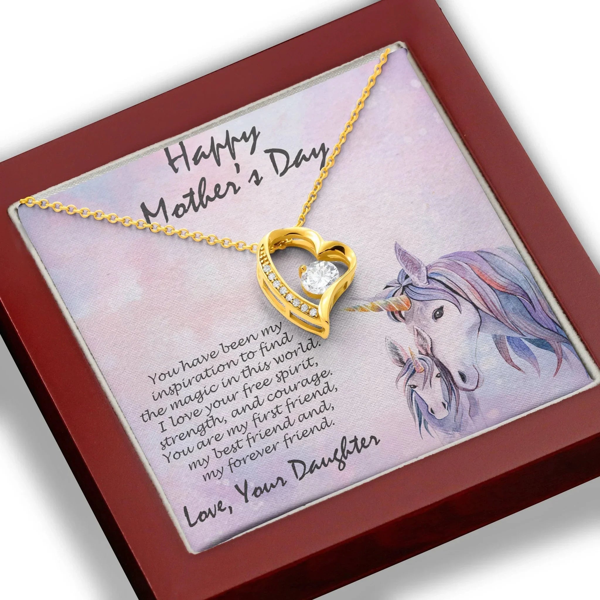 Mother's Day Gift from Daughter Forever Love Heart Pendant Necklace Unicorn Message Card