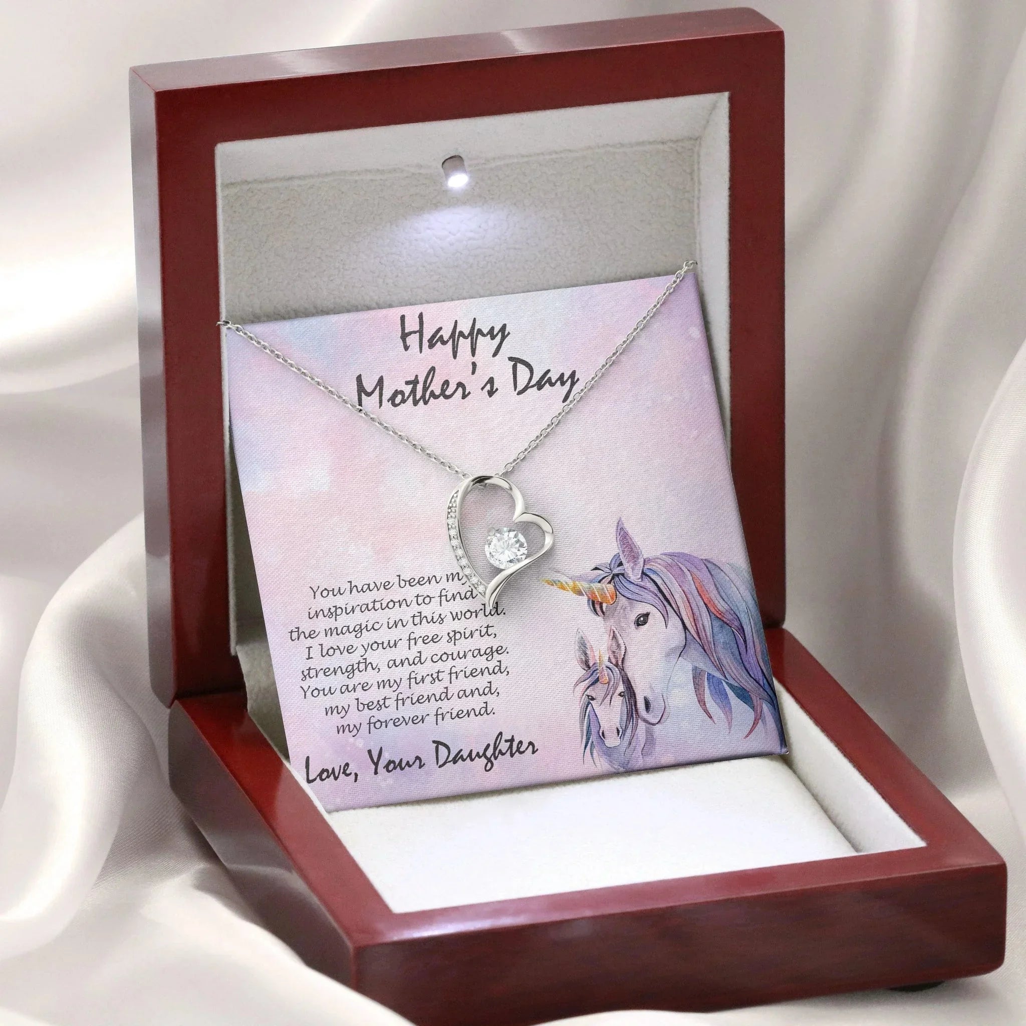 Mother's Day Gift from Daughter Forever Love Heart Pendant Necklace Unicorn Message Card