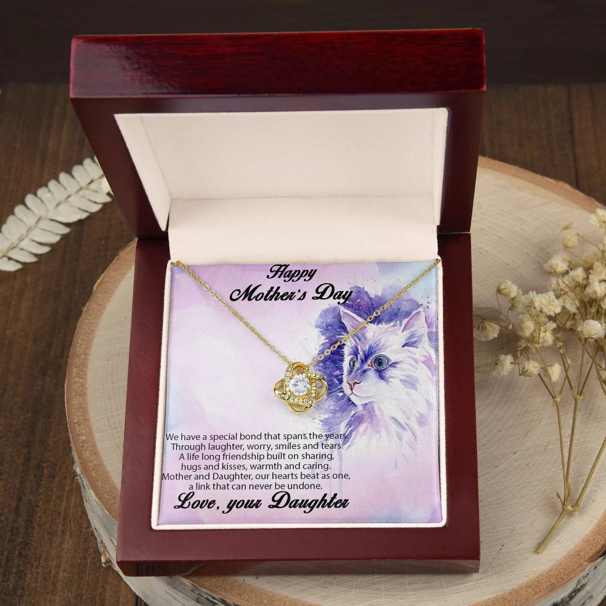 Mother from Daughter Love Knot Necklace Cat Message Card