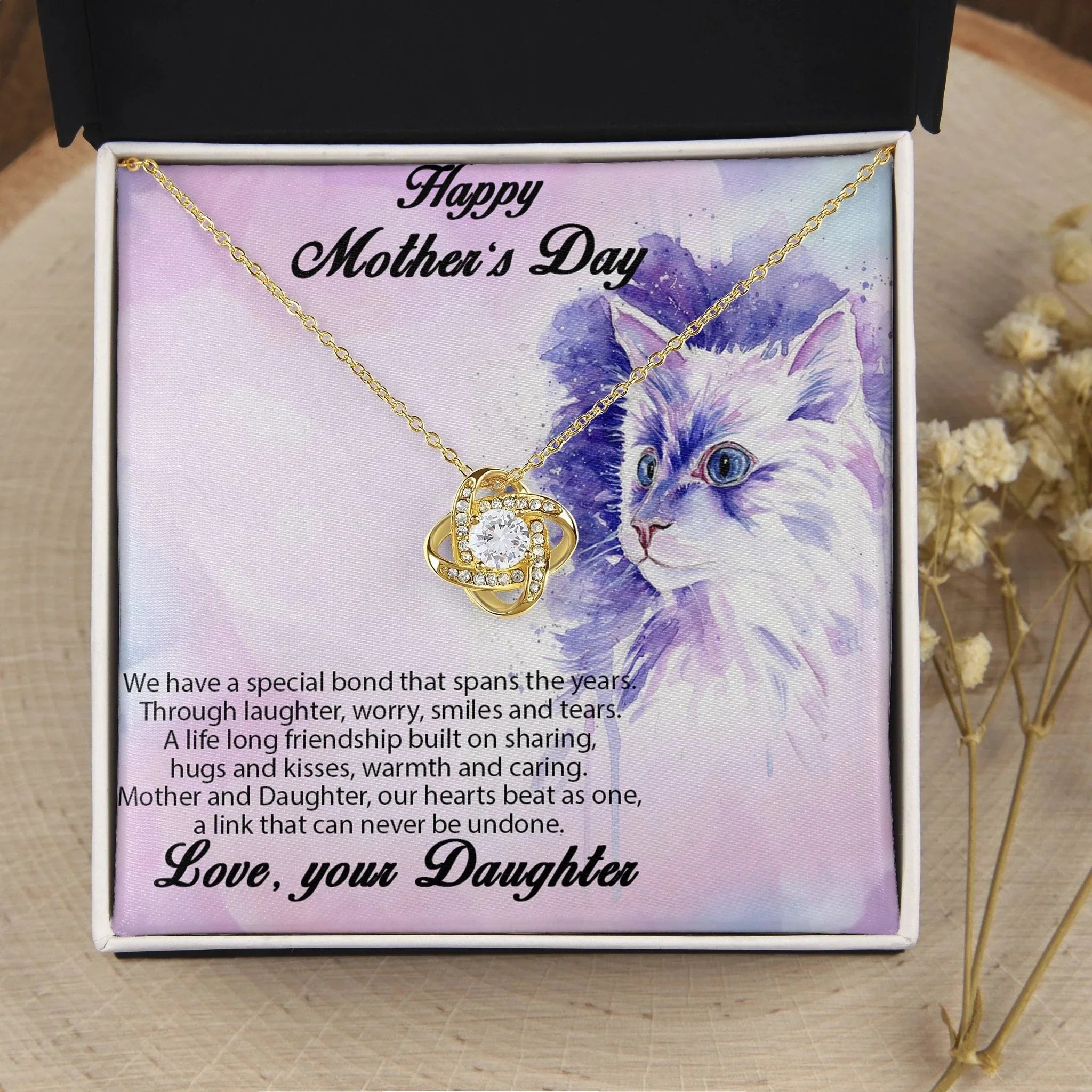 Mother from Daughter Love Knot Necklace Cat Message Card